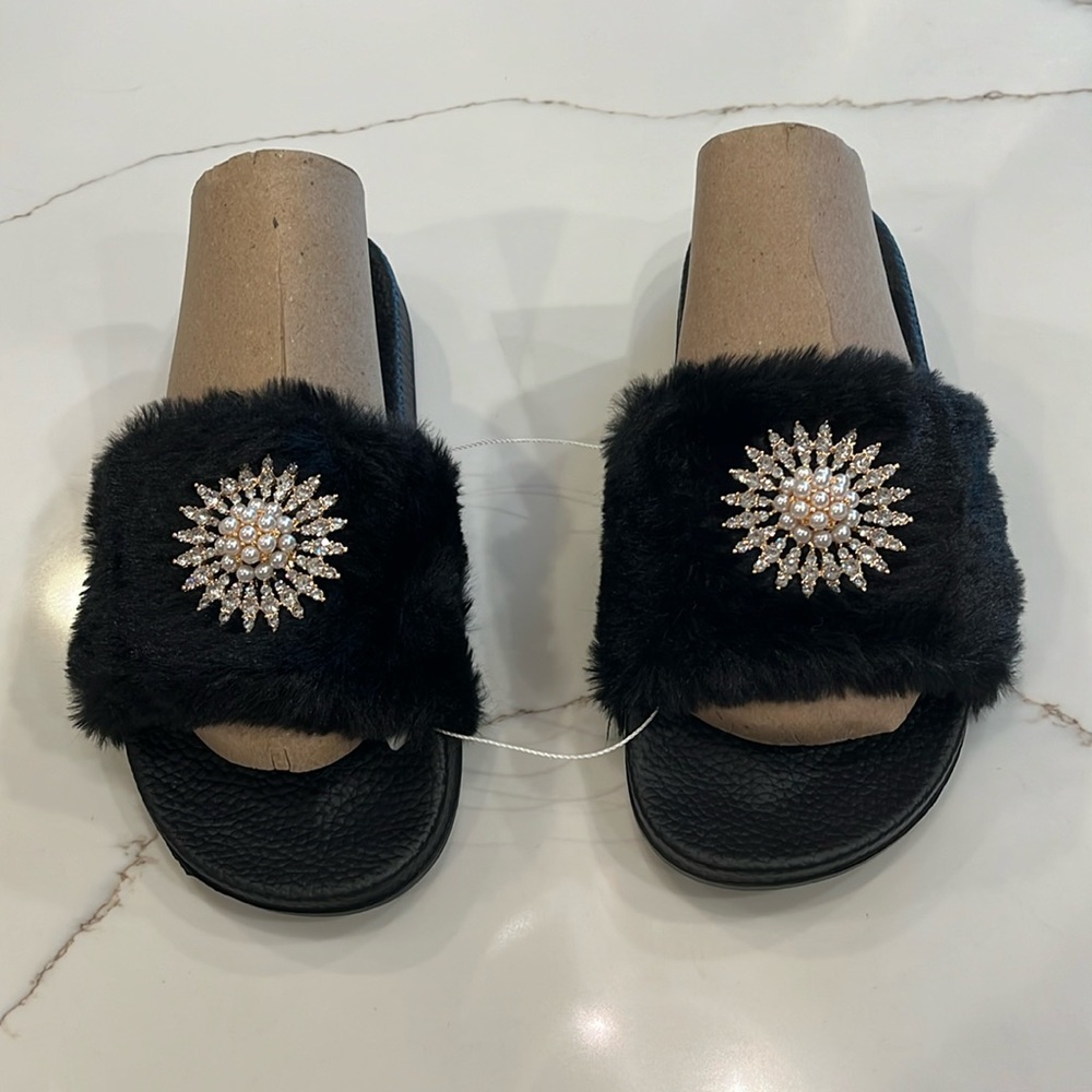 Crystal Adorned Plush Black Slippers. 9-10. Added bonus rubber soles.NWT